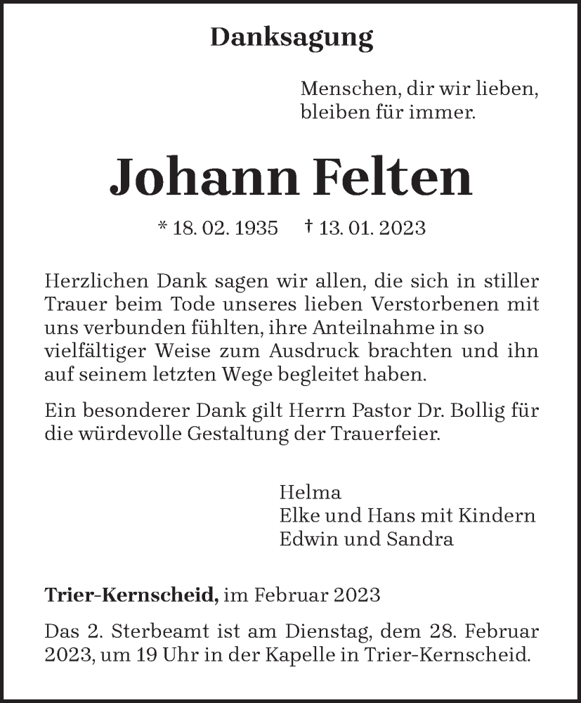  Traueranzeige für Johann Felten vom 25.02.2023 aus trierischer_volksfreund