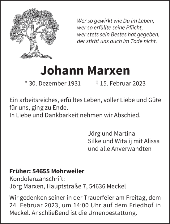Traueranzeige von Johann Marxen von trierischer_volksfreund