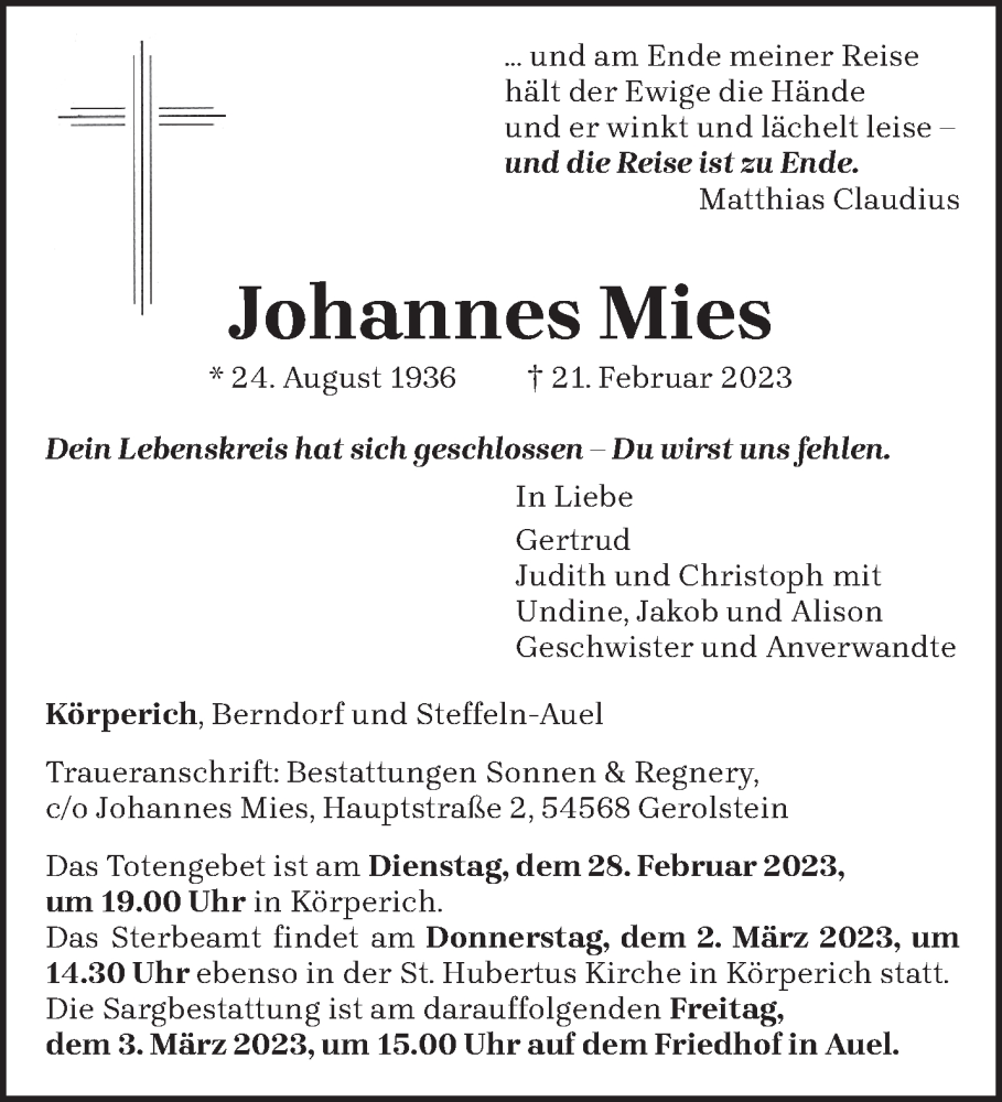  Traueranzeige für Johannes Mies vom 25.02.2023 aus trierischer_volksfreund