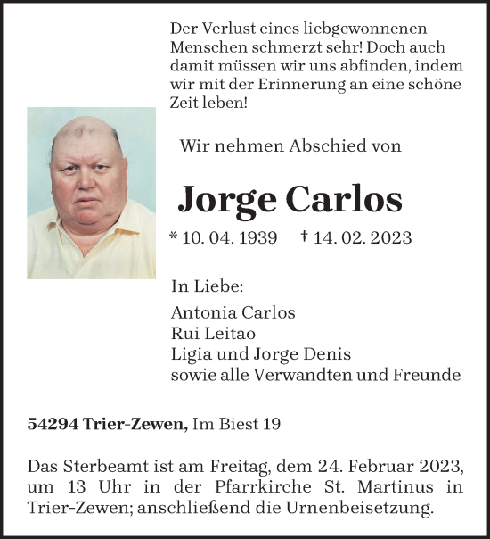 Traueranzeige von Jorge Carlos von trierischer_volksfreund