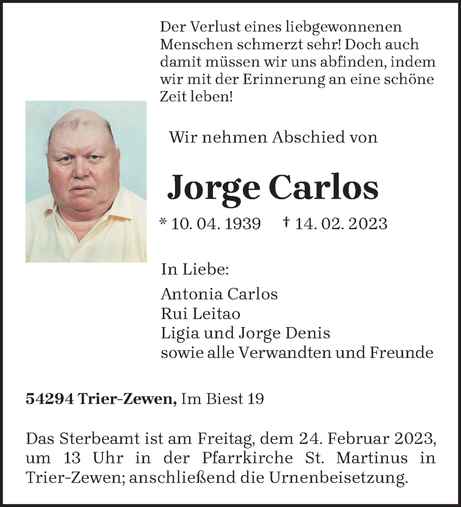  Traueranzeige für Jorge Carlos vom 18.02.2023 aus trierischer_volksfreund