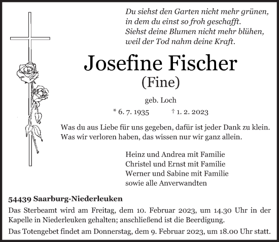 Traueranzeige von Josefine Fischer von trierischer_volksfreund