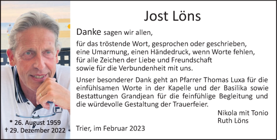 Traueranzeige von Jost Löns von trierischer_volksfreund