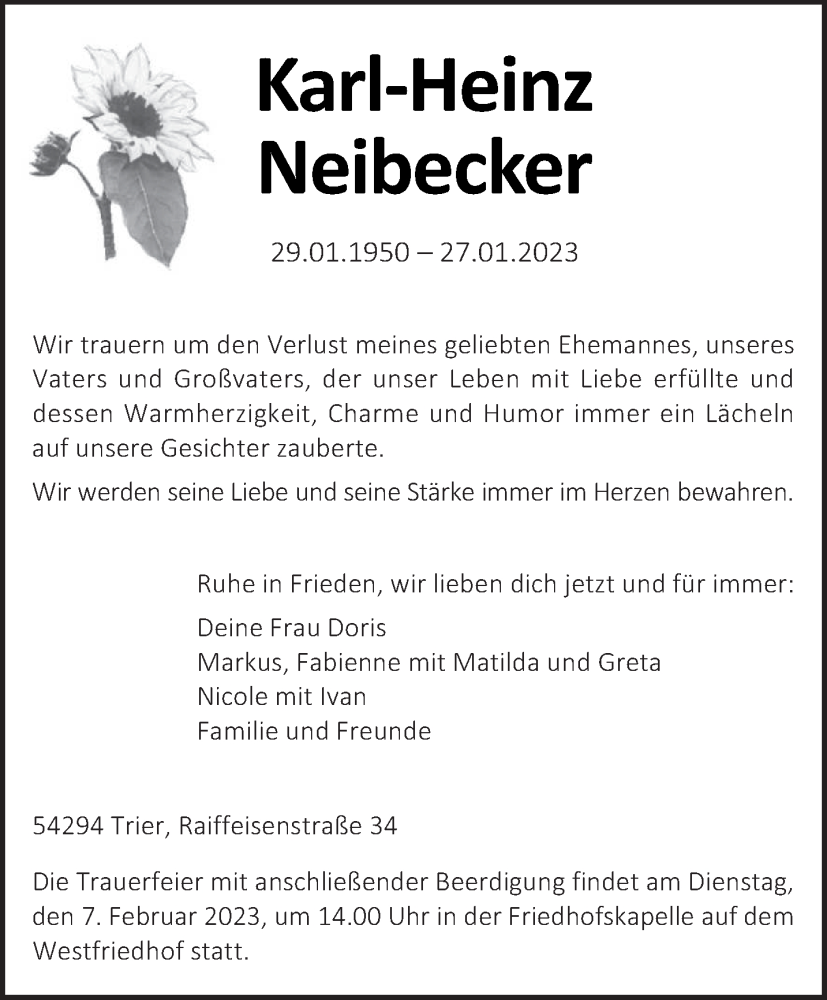  Traueranzeige für Karl-Heinz Neibecker vom 04.02.2023 aus trierischer_volksfreund