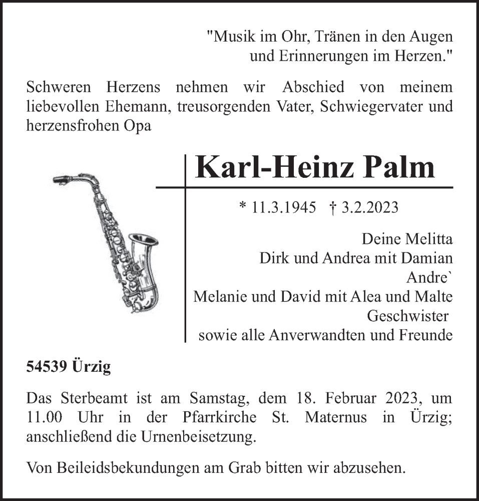  Traueranzeige für Karl-Heinz Palm vom 11.02.2023 aus trierischer_volksfreund