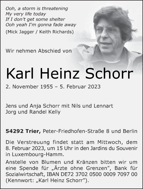Todesanzeige von Karl Heinz Schorr von trierischer_volksfreund