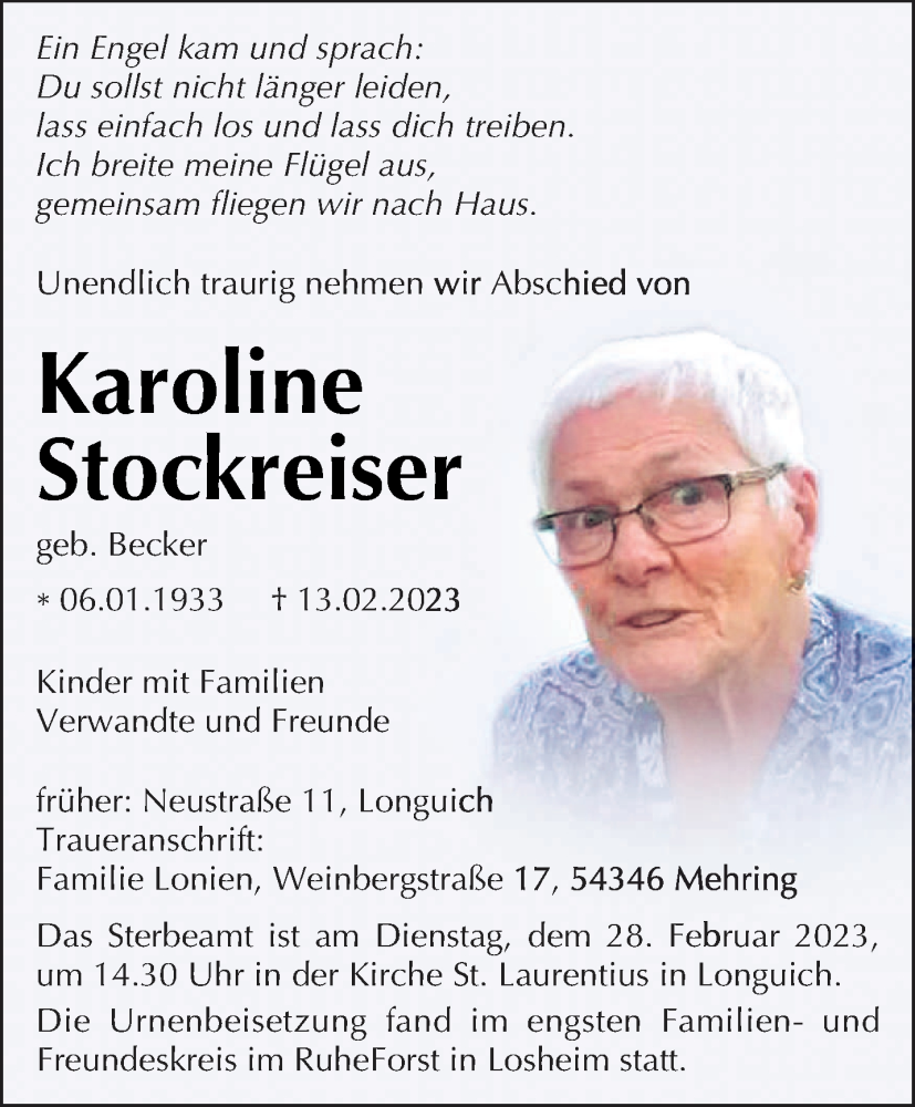  Traueranzeige für Karoline Stockreiser vom 25.02.2023 aus trierischer_volksfreund