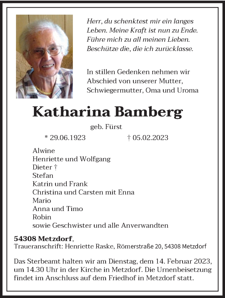  Traueranzeige für Katharina Bamberg vom 11.02.2023 aus trierischer_volksfreund