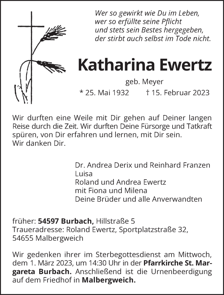  Traueranzeige für Katharina Ewertz vom 18.02.2023 aus trierischer_volksfreund