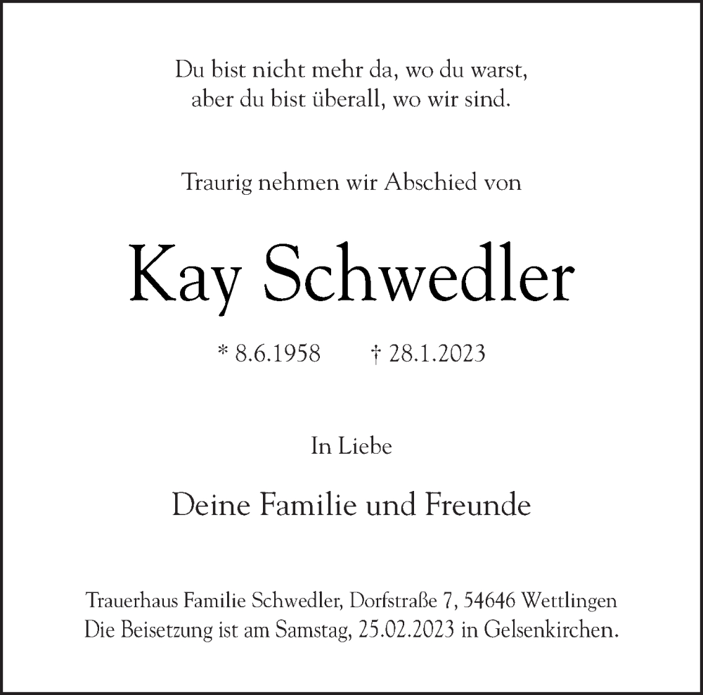  Traueranzeige für Kay Schwedler vom 11.02.2023 aus trierischer_volksfreund