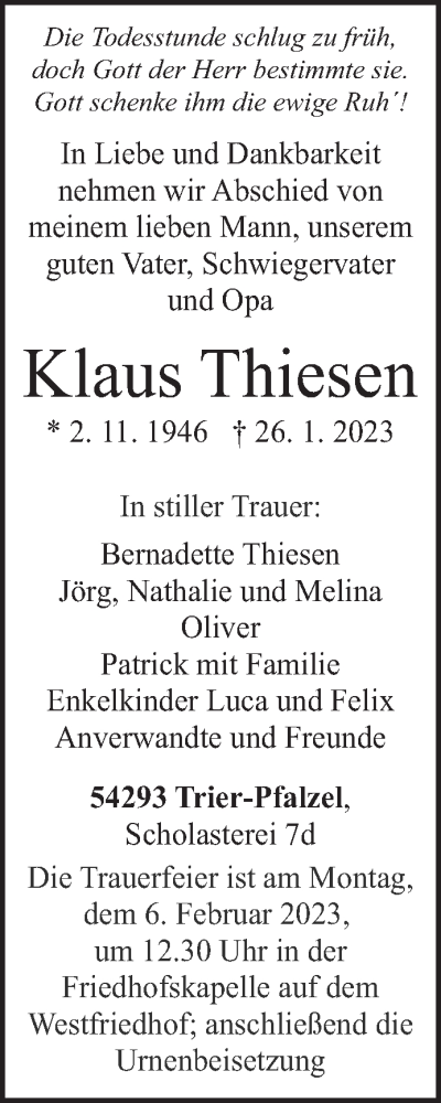  Traueranzeige für Klaus Thiesen vom 01.02.2023 aus trierischer_volksfreund