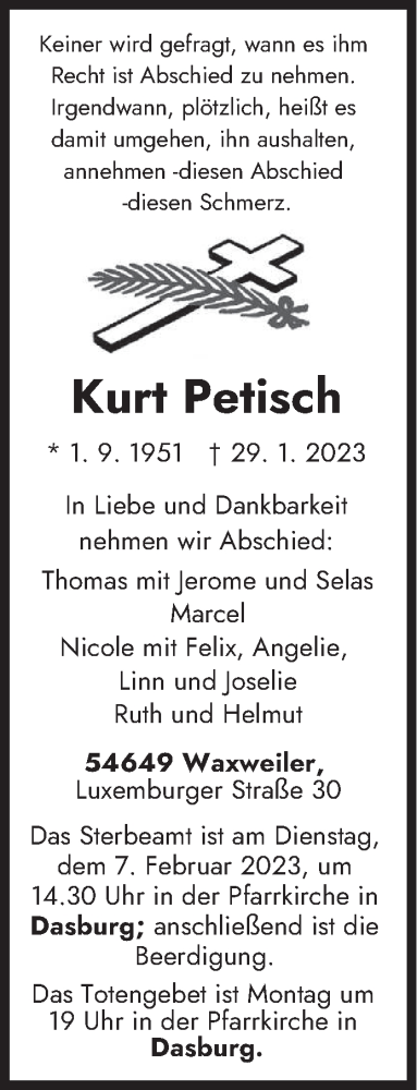  Traueranzeige für Kurt Petisch vom 03.02.2023 aus trierischer_volksfreund