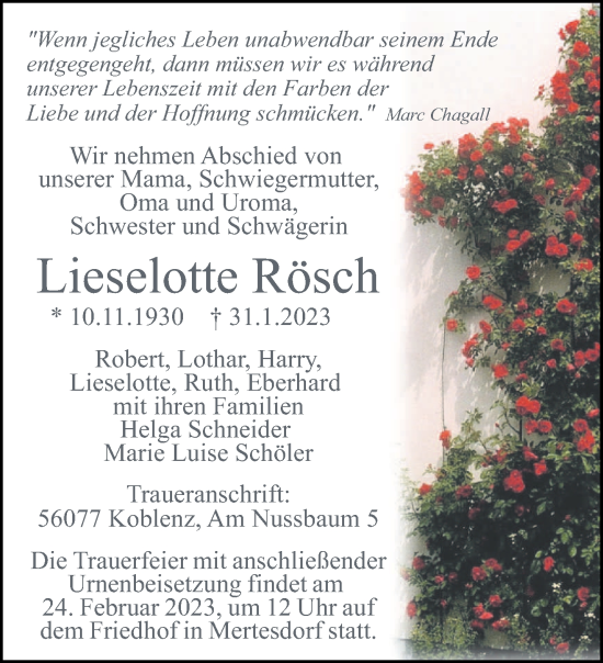 Traueranzeige von Lieselotte Rösch von trierischer_volksfreund