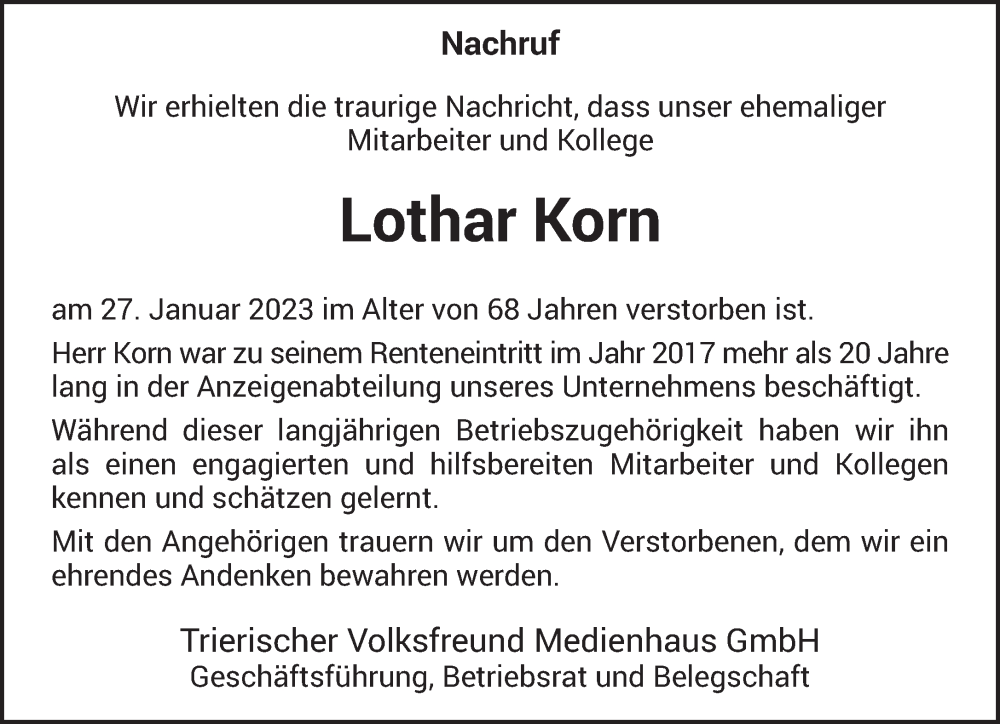  Traueranzeige für Lothar Korn vom 04.02.2023 aus trierischer_volksfreund