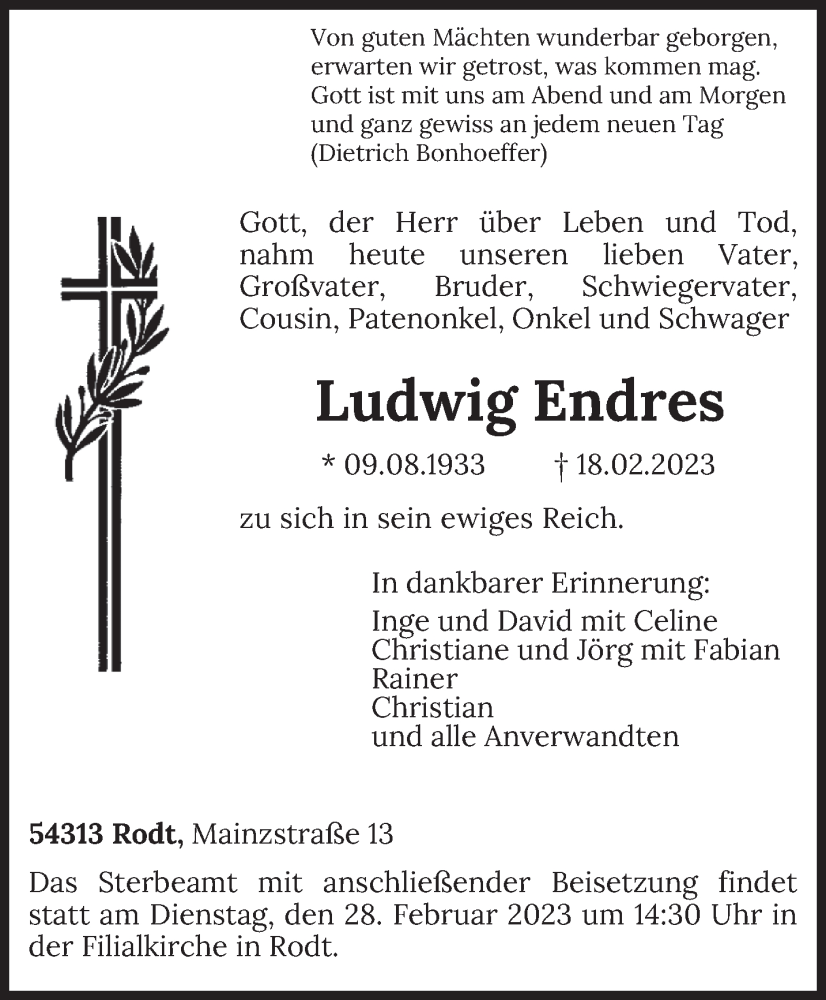  Traueranzeige für Ludwig Endres vom 23.02.2023 aus trierischer_volksfreund