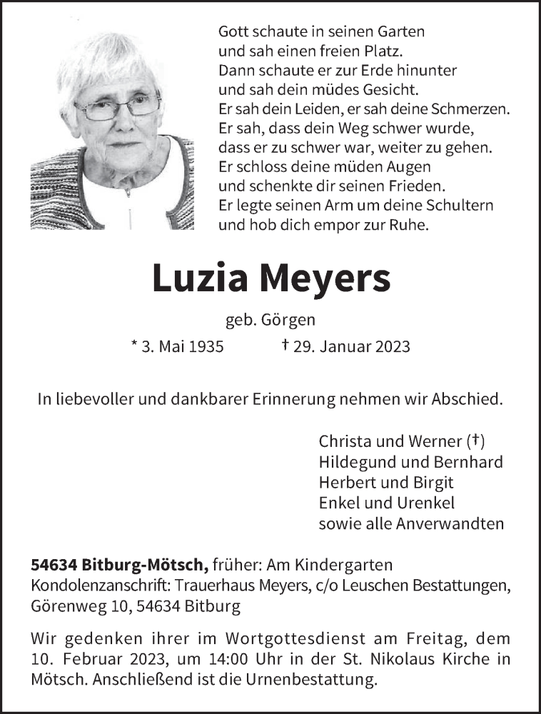  Traueranzeige für Luzia Meyers vom 01.02.2023 aus trierischer_volksfreund