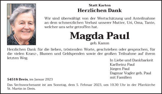 Traueranzeige von Magda Paul von trierischer_volksfreund