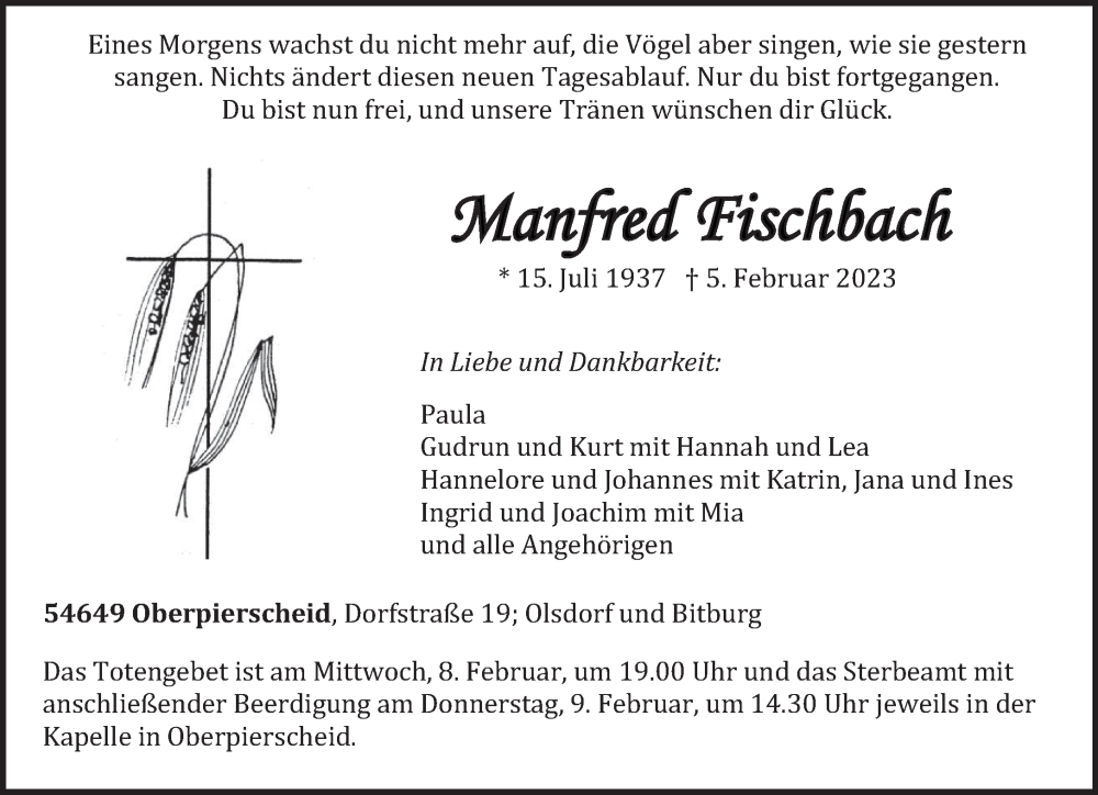 Traueranzeige für Manfred Fischbach vom 07.02.2023 aus trierischer_volksfreund