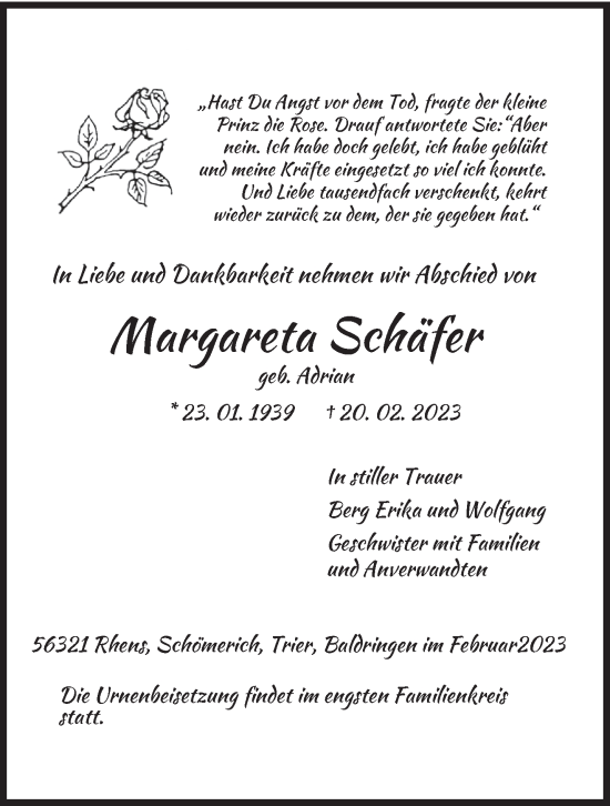 Traueranzeige von Margareta Schäfer von trierischer_volksfreund
