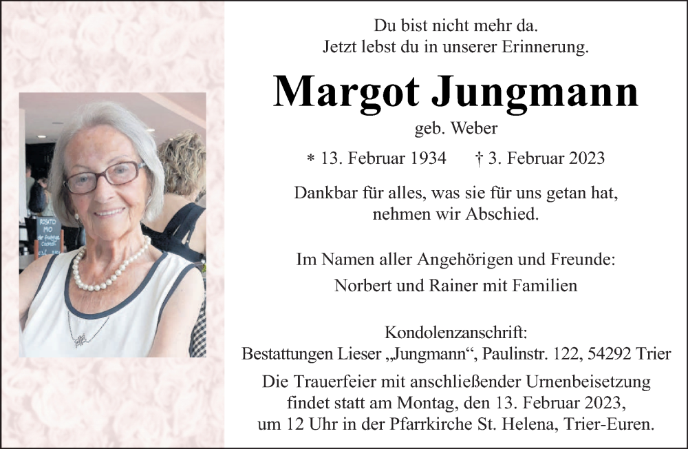  Traueranzeige für Margot Jungmann vom 11.02.2023 aus trierischer_volksfreund