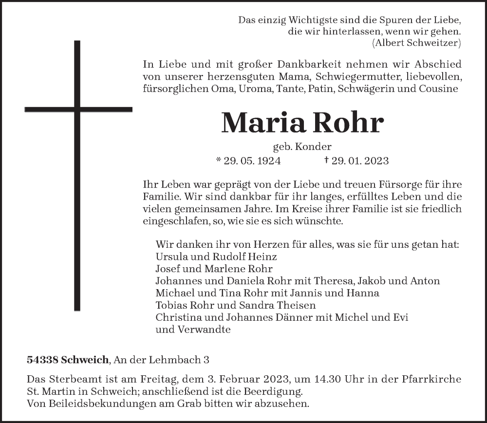  Traueranzeige für Maria Rohr vom 01.02.2023 aus trierischer_volksfreund