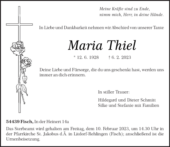 Traueranzeige von Maria Thiel von trierischer_volksfreund