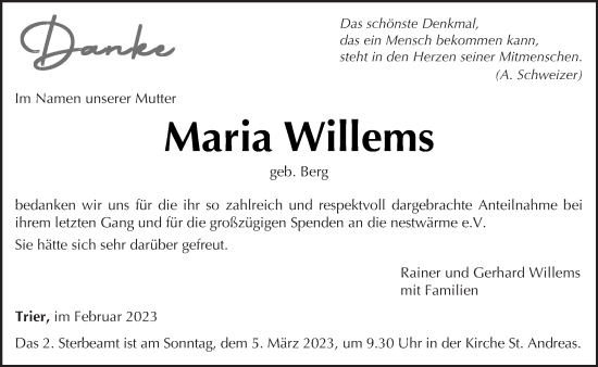 Traueranzeige von Maria Willems von trierischer_volksfreund