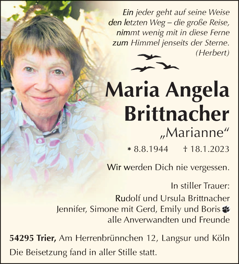  Traueranzeige für Maria Angela Brittnacher vom 04.02.2023 aus trierischer_volksfreund