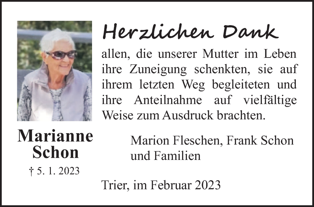  Traueranzeige für Marianne Schon vom 11.02.2023 aus trierischer_volksfreund