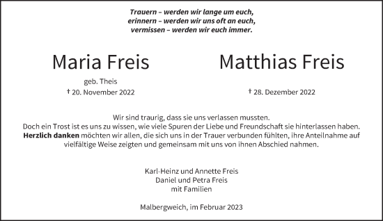 Traueranzeige von Maria und Matthias Freis von trierischer_volksfreund