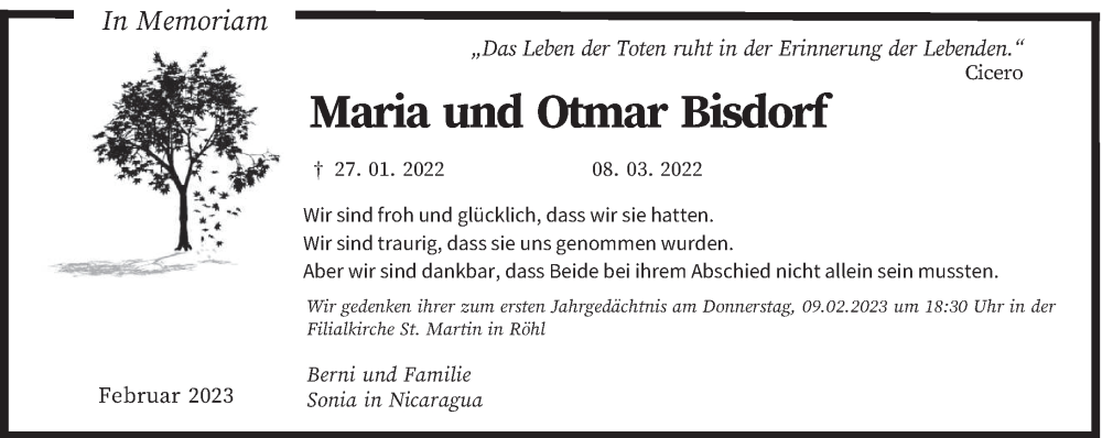  Traueranzeige für Maria und Otmar Bisdorf vom 02.02.2023 aus trierischer_volksfreund