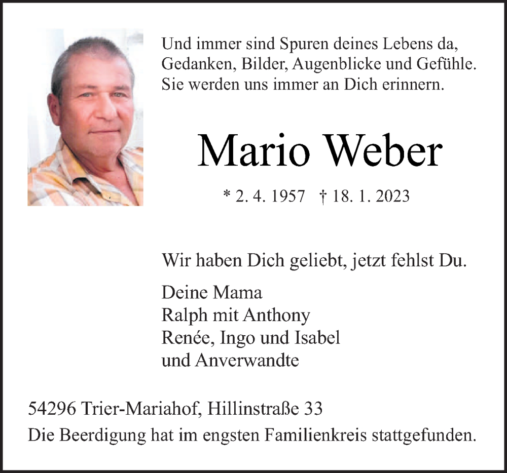  Traueranzeige für Mario Weber vom 04.02.2023 aus trierischer_volksfreund
