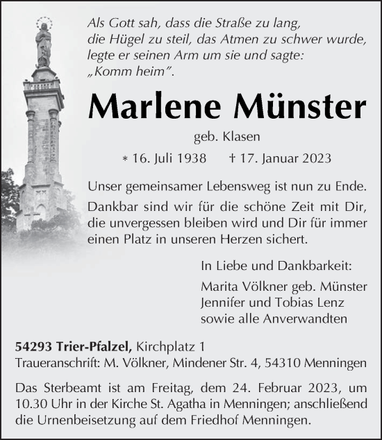 Traueranzeige von Marlene Münster von trierischer_volksfreund