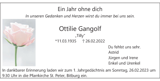 Traueranzeige von Ottilie Gangolf von trierischer_volksfreund