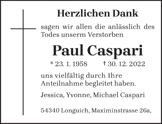 Traueranzeige von Paul Caspari von trierischer_volksfreund