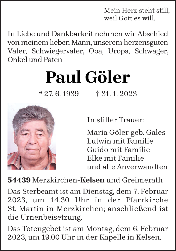  Traueranzeige für Paul Göler vom 03.02.2023 aus trierischer_volksfreund