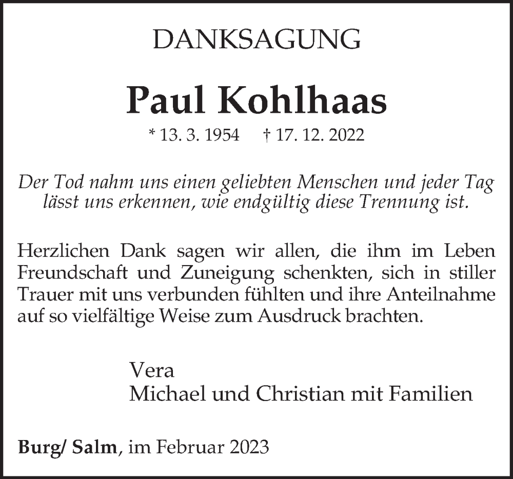  Traueranzeige für Paul Kohlhaas vom 15.02.2023 aus trierischer_volksfreund