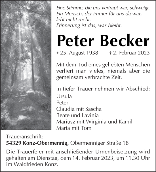 Traueranzeige von Peter Becker von trierischer_volksfreund