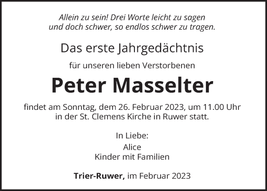 Traueranzeige von Peter Masselter von trierischer_volksfreund