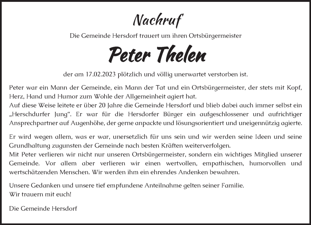 Traueranzeige für Peter Thelen vom 22.02.2023 aus trierischer_volksfreund