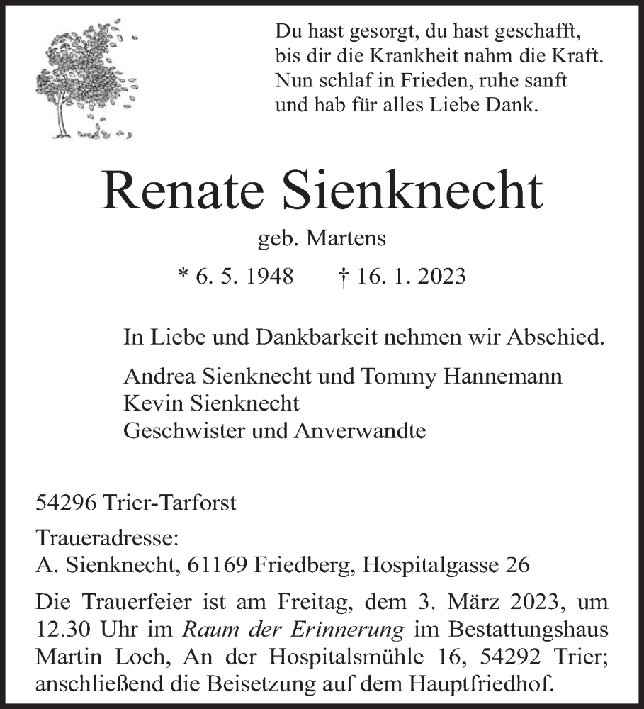  Traueranzeige für Renate Sienknecht vom 25.02.2023 aus trierischer_volksfreund