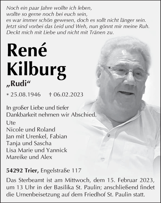 Traueranzeige von René Kilburg von trierischer_volksfreund