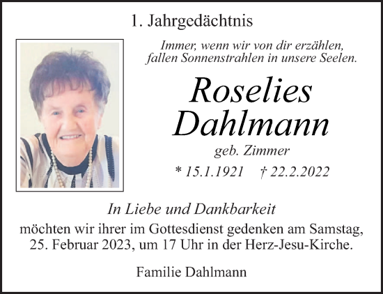 Traueranzeige von Roselies Dahlmann von trierischer_volksfreund