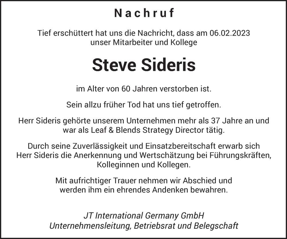 Traueranzeige für Steve Sideris vom 11.02.2023 aus trierischer_volksfreund