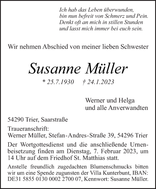 Traueranzeige von Susanne Müller von trierischer_volksfreund
