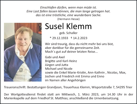 Traueranzeige von Susel Klemm von trierischer_volksfreund