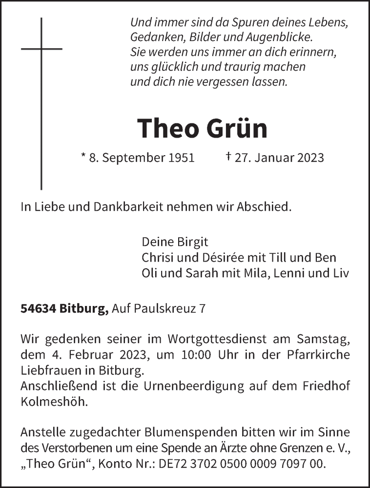 Traueranzeige für Theo Grün vom 01.02.2023 aus trierischer_volksfreund