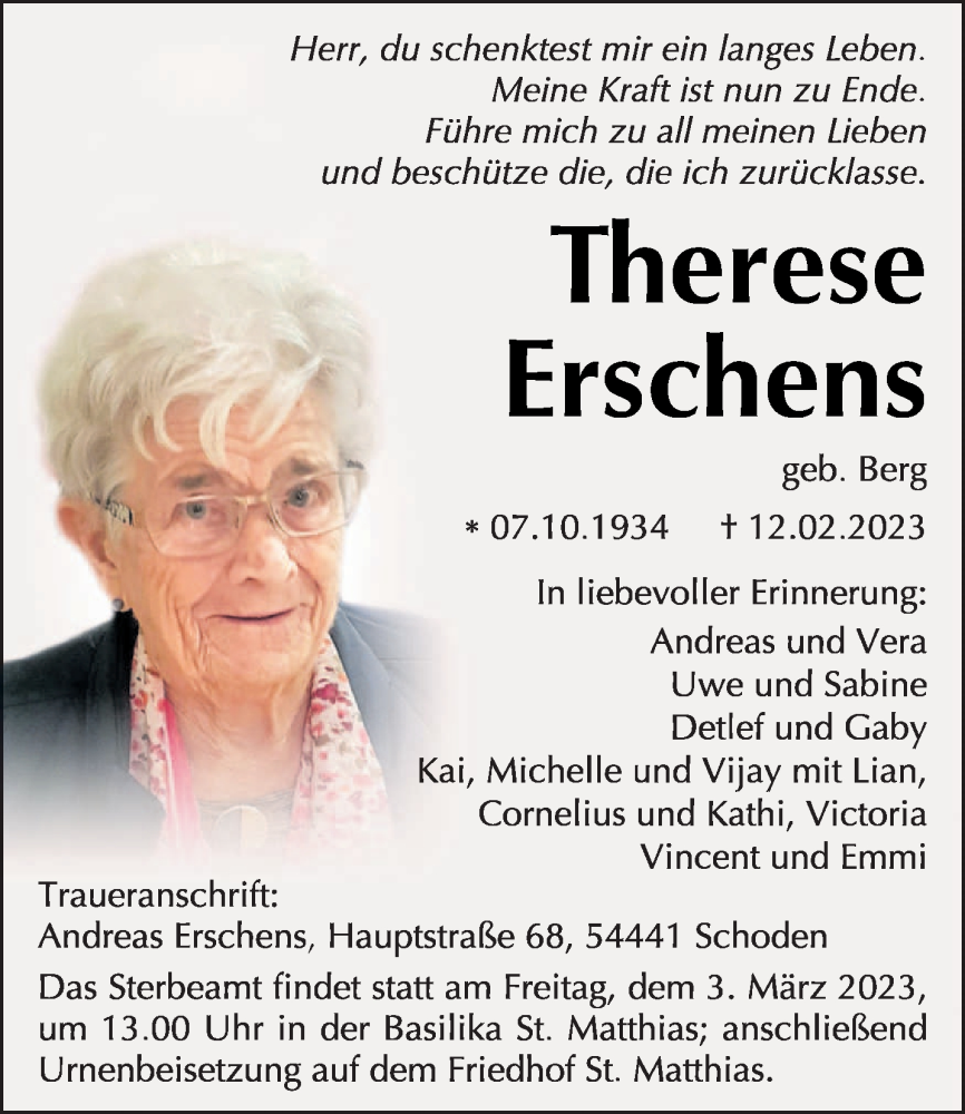  Traueranzeige für Therese Erschens vom 18.02.2023 aus trierischer_volksfreund