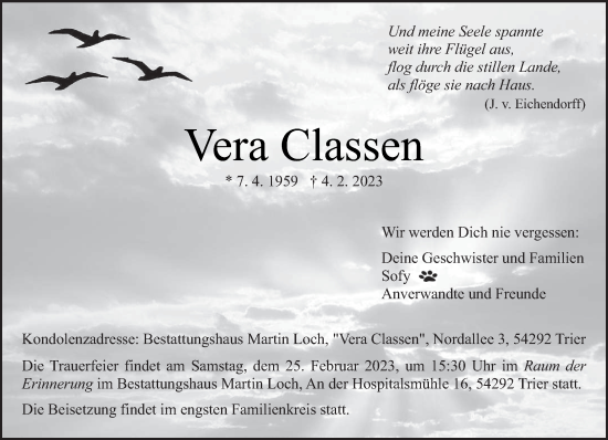 Traueranzeige von Vera Classen von trierischer_volksfreund