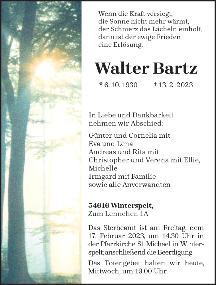  Traueranzeige für Walter Bartz vom 15.02.2023 aus trierischer_volksfreund
